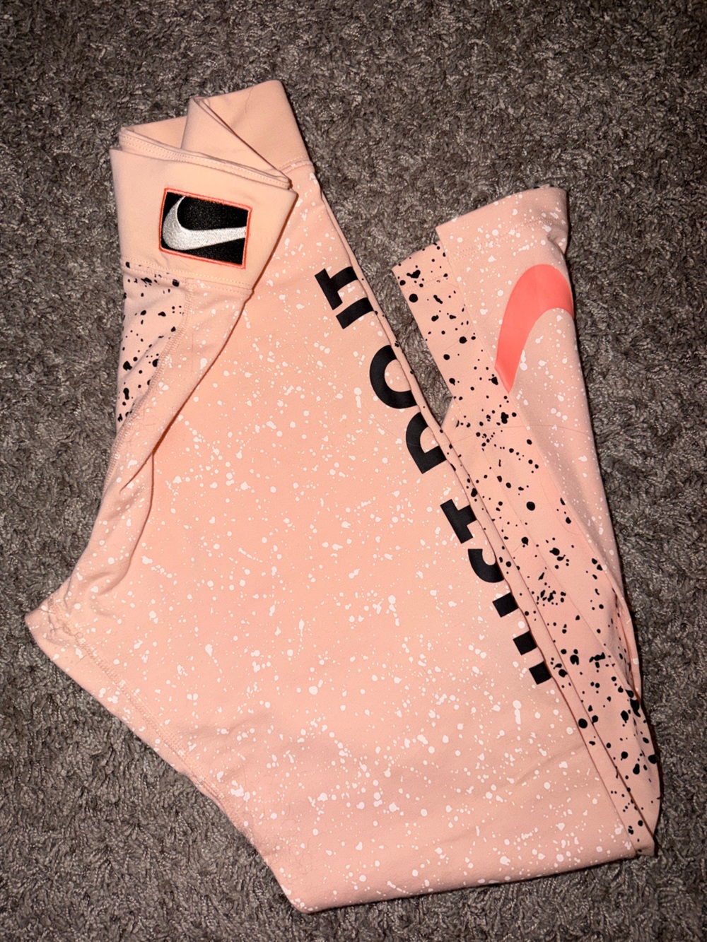 Nike Peach Pink Splatter Leggings with Black Logo
